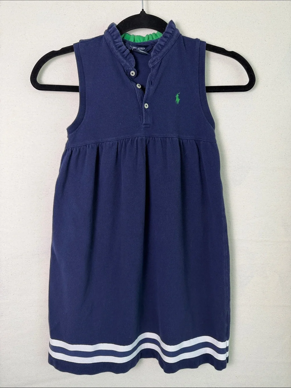 Ralph Lauren Navy Sleeveless Polo Dress with White Stripes and Green Pony